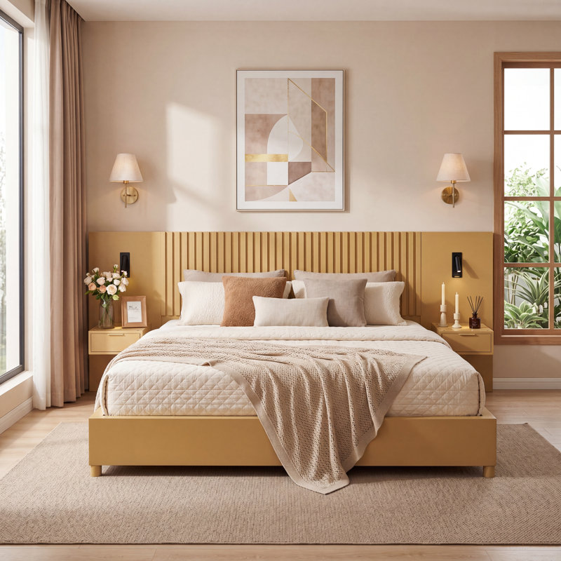 Lit plateforme Arwyn avec tables de chevet intégrées, lampes de lecture et tête de lit à lattes verticale pour la chambre à coucher