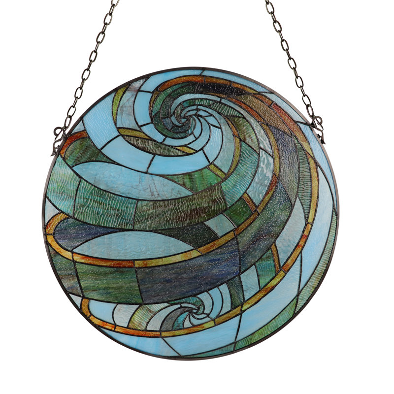  Panneau de vitrail géométrique de style Tiffany de 23 po de largeur Terra, Vert