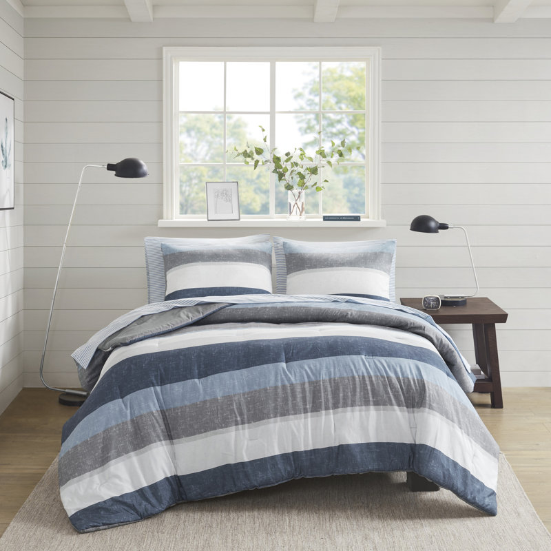 Ensemble d'édredon avec draps Jaxon, Édredon double et 6 pièces supplémentaires, Bleu marine / gris