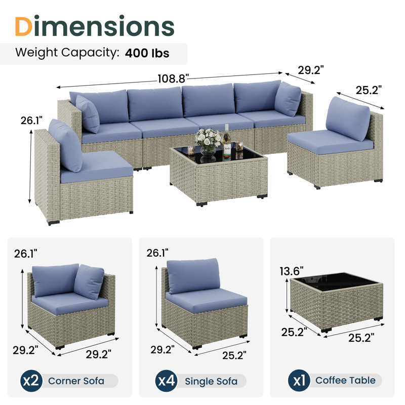 Demasi 6-Person Patio Furniture Set With Comfortable Cushions And Glass Table, Haze Blue