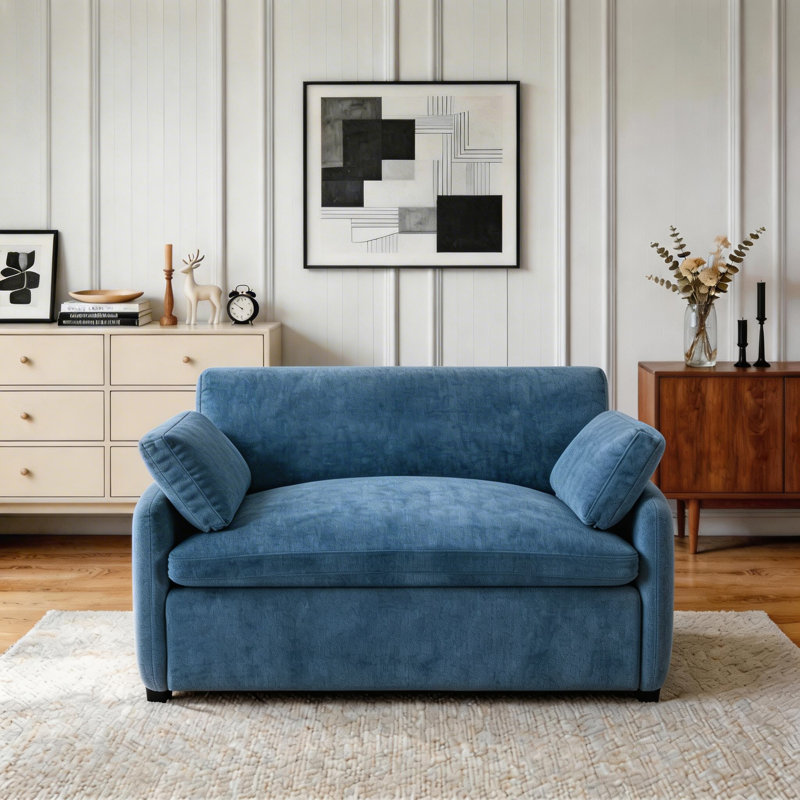 Fauteuil d'appoint surdimensionné en chenille à assise profonde avec coussins décoratifs, Bleu