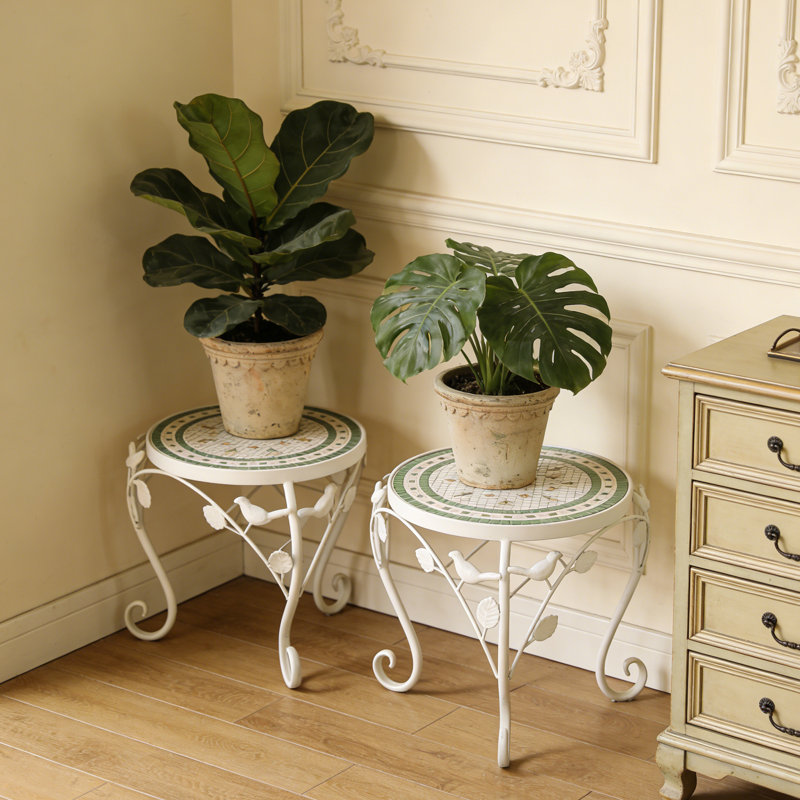 Plant Stands With Ceramic Top, Vintage Plant Stands for Flowers & Plants Pot, Front Door Patio Living Room Garden Decor,Set of 2 