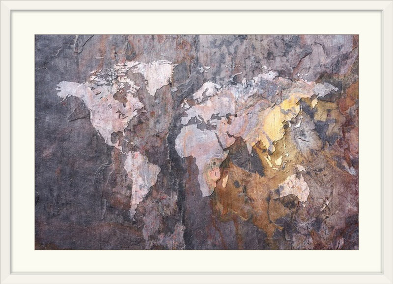 «World Map» par Deschamps, impression, H 32 po x l 44 po x P 1 po, Cadre blanc