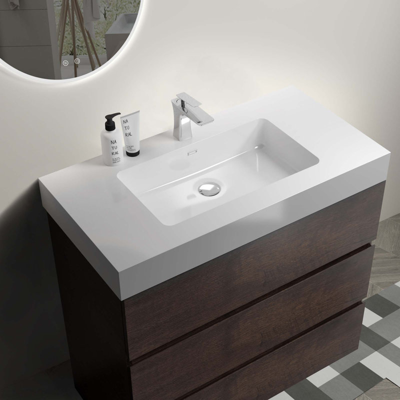 Meuble-lavabo autoportant moderne avec lavabo sans drain et robinet, Brun, Blanc