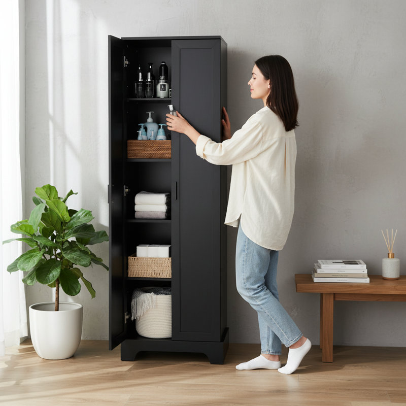 Grande armoire de rangement noire 71,2 po avec deux portes, cinq compartiments, des tablettes réglables, pour la salle de bain, le bureau ou la salle à manger