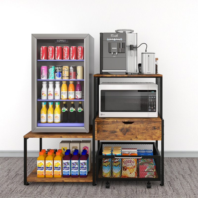  Mini Fridge Stand with Storage, Coffee Bar Cabinet with Power Outlet and Drawer, Microwave Oven Stand with Rolling Basket, Beverage Refrigerator Table for Home, Dorm, Apartment, Pantry