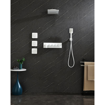 White Abs Body Shower Spa With Concealed Install, 3pcs Square Jets Spray Bodyspray Jet Spray, 5.17 In. Width,
