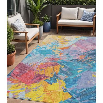 5' X 8' Blue Yellow Pink And Orange Abstract Washable Indoor Outdoor Area Rug