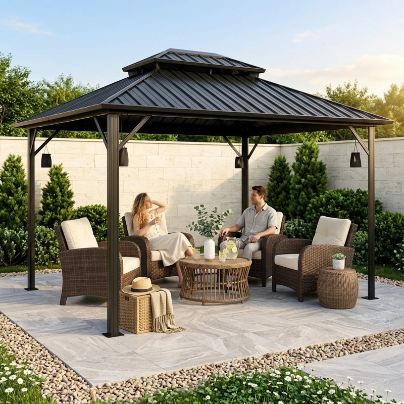 Pavilion-Style Gazebo Measuring 10 by 10 Feet, Features Double Roof Constructed from Color Steel Tiles