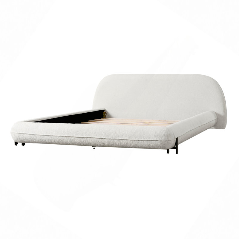 Structure de lit tapissier avec tissu bouclé et pieds en acier, blanc