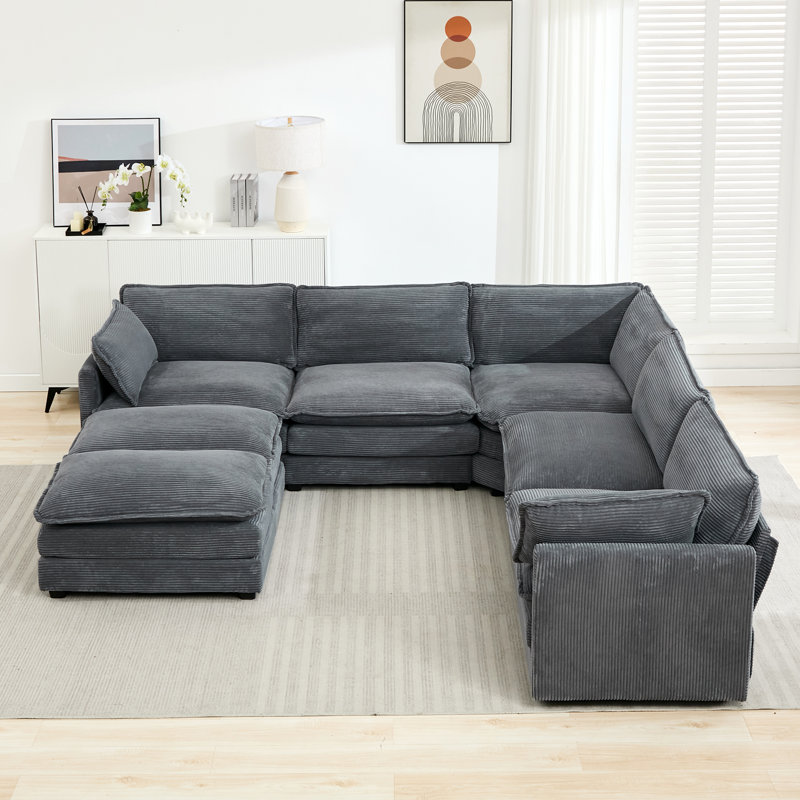 Ensemble modulaire en velours côtelé 7 pièces avec repose-pieds 7 pièces, Velours côtelé gris foncé