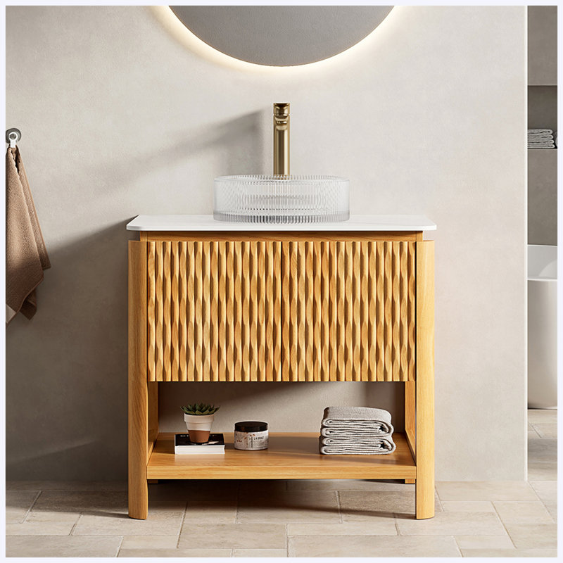 Meuble-lavabo autoportant de 30 po avec lavabo vasque rond en verre transparent, 2 portes en bambou texturé et tablette ouverte, plateau en pierre frittée blanc de Carrare, grain de bois