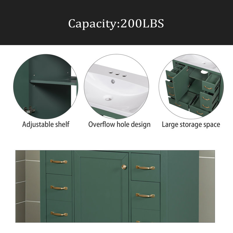 Ensemble de meuble-lavabo 36 po avec évier, six tiroirs, diviseur de tiroir multifonctionnel, tablette réglable, Vert