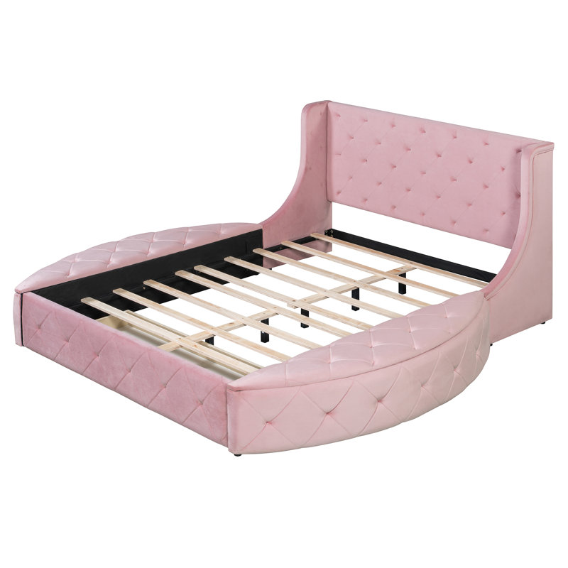 Lit plateforme tapissier grand en velours avec tête de lit à oreilles et 1 grand tiroir, 2 tabourets de rangement latéraux (rose)