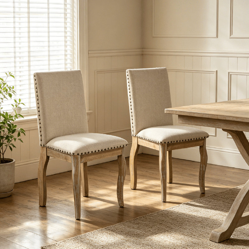 Ensemble de 2 chaises de salle à manger rembourrées en bois avec tête de clou Fabirc, Natural Wood Wash, Bois naturel délavé