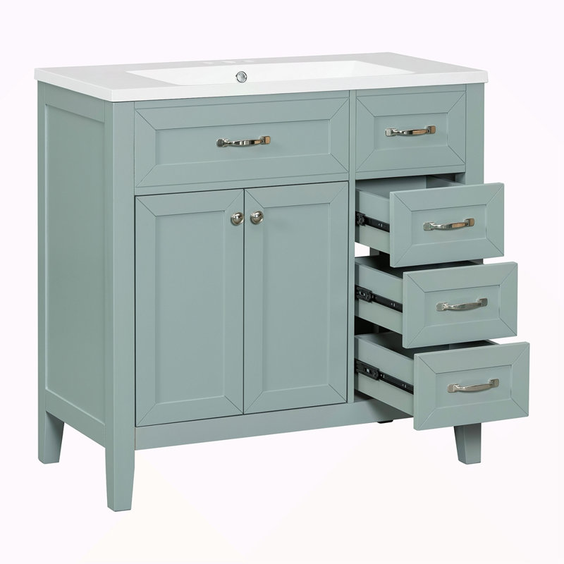 Meuble-lavabo 36 po avec lavabo, armoire de salle de bain verte avec tiroirs, structure solide et panneau de fibres à densité moyenne