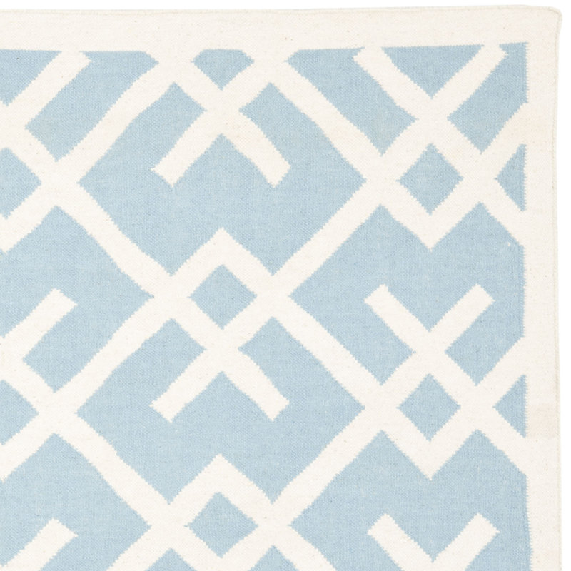 Fung Hand Woven Flat Weave Wool/Cotton Geometric Rug in Light Blue/Ivory, Rectangle 5' x 8'