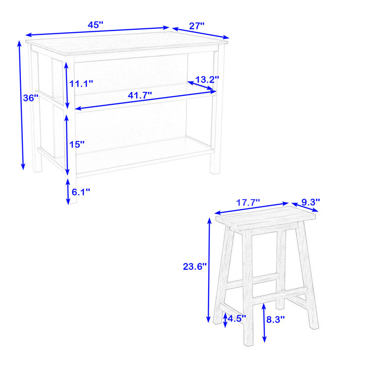 3-piece White Rubber Wood 45 in. Kitchen Island Set with 2