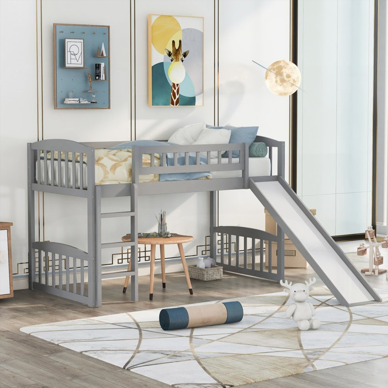Lit mezzanine simple avec glissade et amp; Échelle - Aucun sommier requis, gris et amp; Robuste