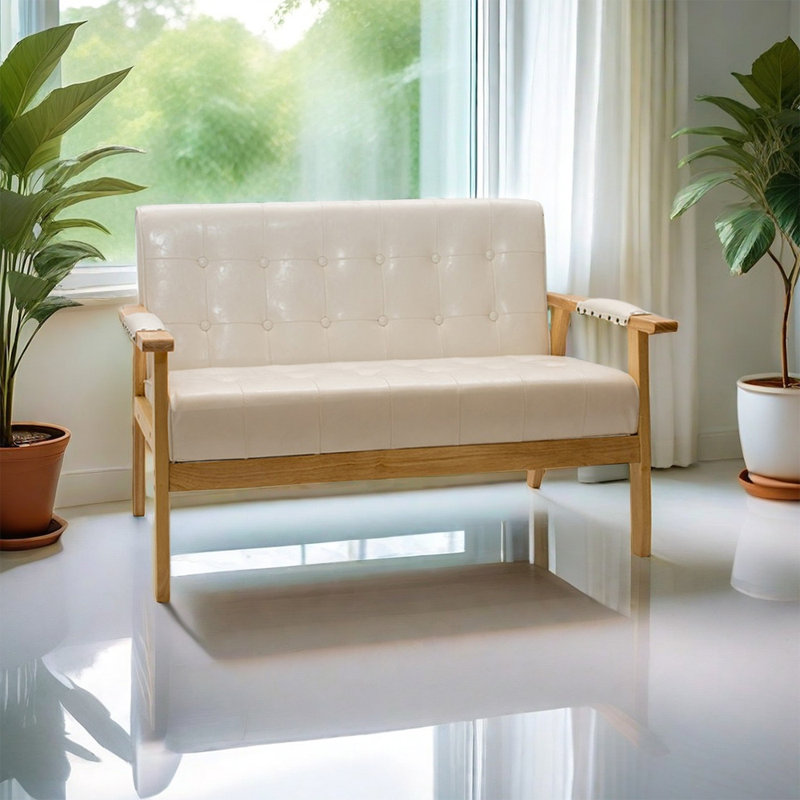 Faux Leather Upholstered Bench, Light Brown, Cream
