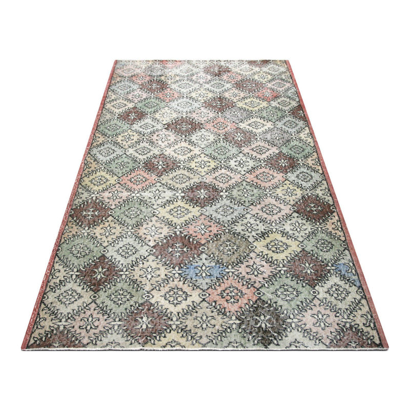 Tapis unique en laine noué à la main de style années 1960 de 4 pi 6 po x 7 pi 8 po en brun / gris / vert
