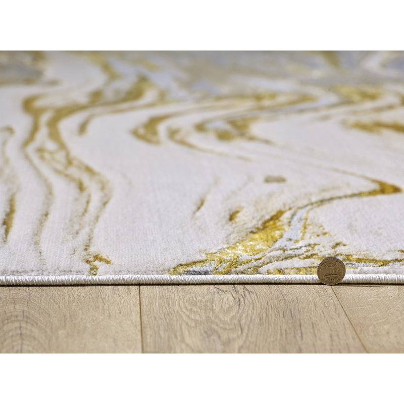 Tapis ivoire / bleu tissé à la machine Nerys, Rectangle 6 pi 7 po x 9 pi 6 po