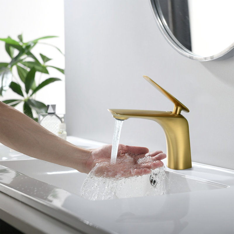 Robinet pour salle de bain à poignée simple avec drain, Or brossé