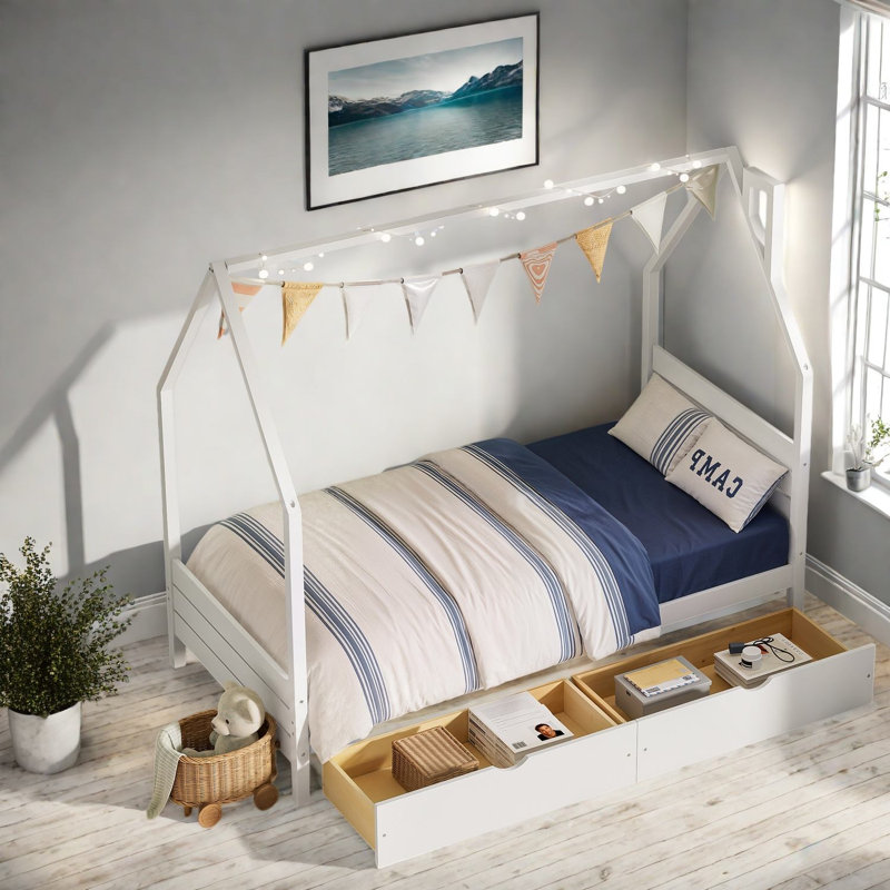 Lits jumeaux avec rangement, structure en bois style maisonnette, chambre d'enfant moderne pour la maison, White