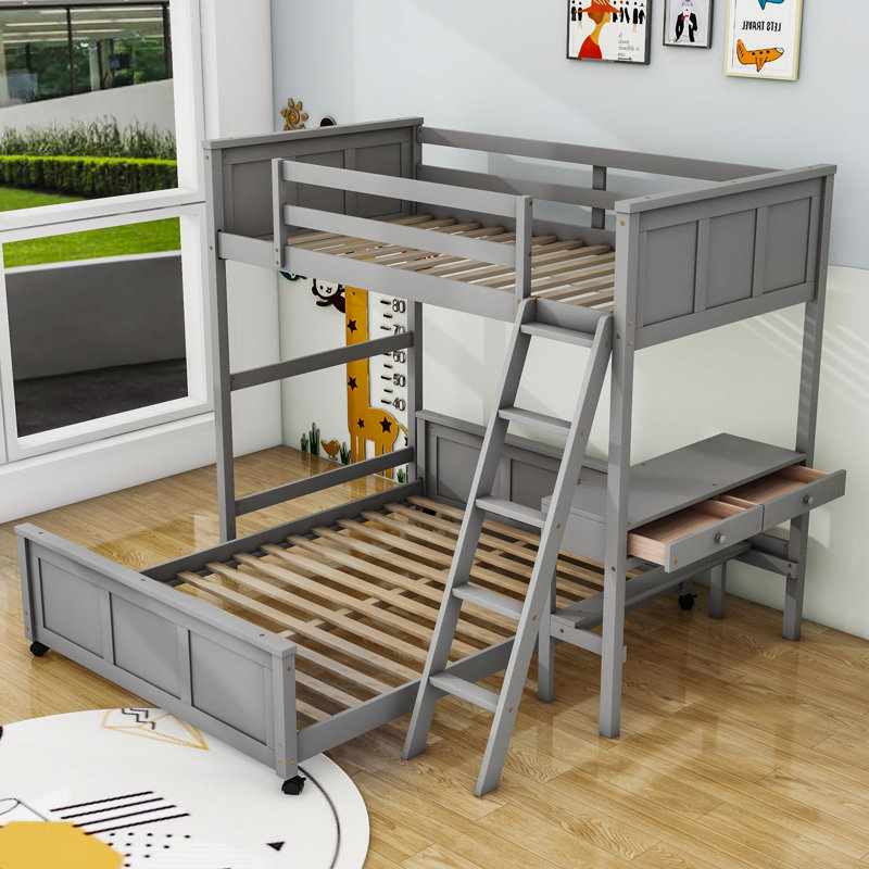 Lit superposé avec tiroirs Jakavious Kids, Simple sur double, gris