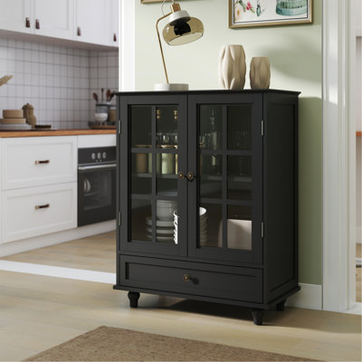 Buffet minimaliste noir avec portes doubles en verre et tiroir, armoire de rangement moderne en bois pour le salon, le couloir d'entrée de la salle à manger (noir)