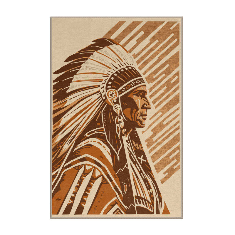 Tapis moelleux moelleux à motif de blocs d'inspiration mondiale Durden Sioux Warrior - reliure beige, 5 x 8
