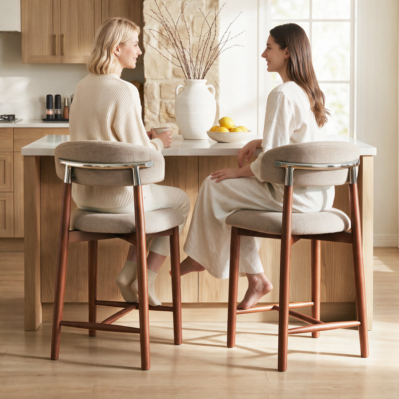 Solid Wood Bar Stools Set of 2,25'' Khaki-Colored Counter Height Bar Stools，Made Solid Wood and Fabric, Ideal for Kitchen Islands and Home Bars