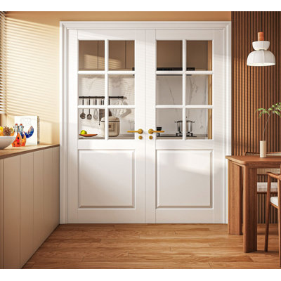 64'' x 80'' (Double 32x80) 6-Lite French Interior Doors, Clear Glass Slab Door for French/Pocket Doors, Solid Core Interior Glass Door for Bedroom/Closet/Pantry, w/o Hardware, Jamb or Borehole