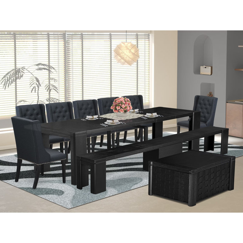 Ensemble de table de salle à manger 10 pièces comprenant une table basse, une table basse, un banc en bois et 7 chaises en tissu de lin noir, noir brossé