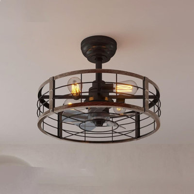20" Indoor Flush Mount Ceiling Fandelier with Remote, Bladeless Caged Fan Light, Reversible DC Motor, Modern Farmhouse Black/Nickel Fixture