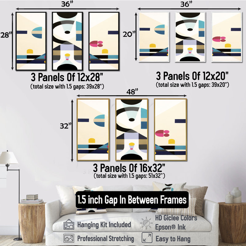 Open Minded - Mid_Century_Modern, ensemble de 3 toiles d'art encadrées, Noir, H 28 po x l 36 po x P 1 po