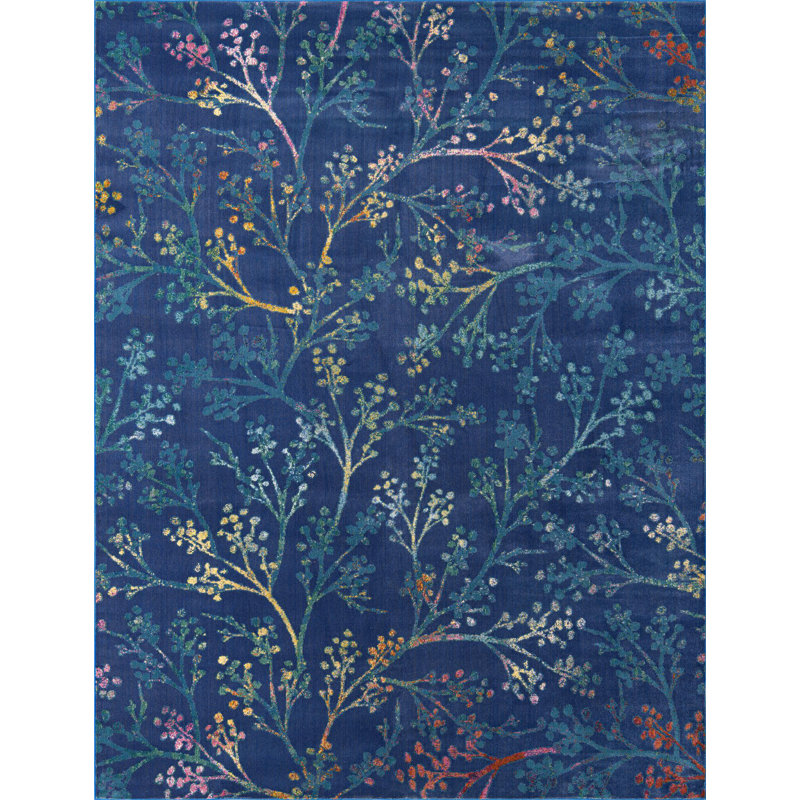 Tapis champêtre et floral de couleur bleu nuit, Rectangle 7 pi 10 po x 10 pi