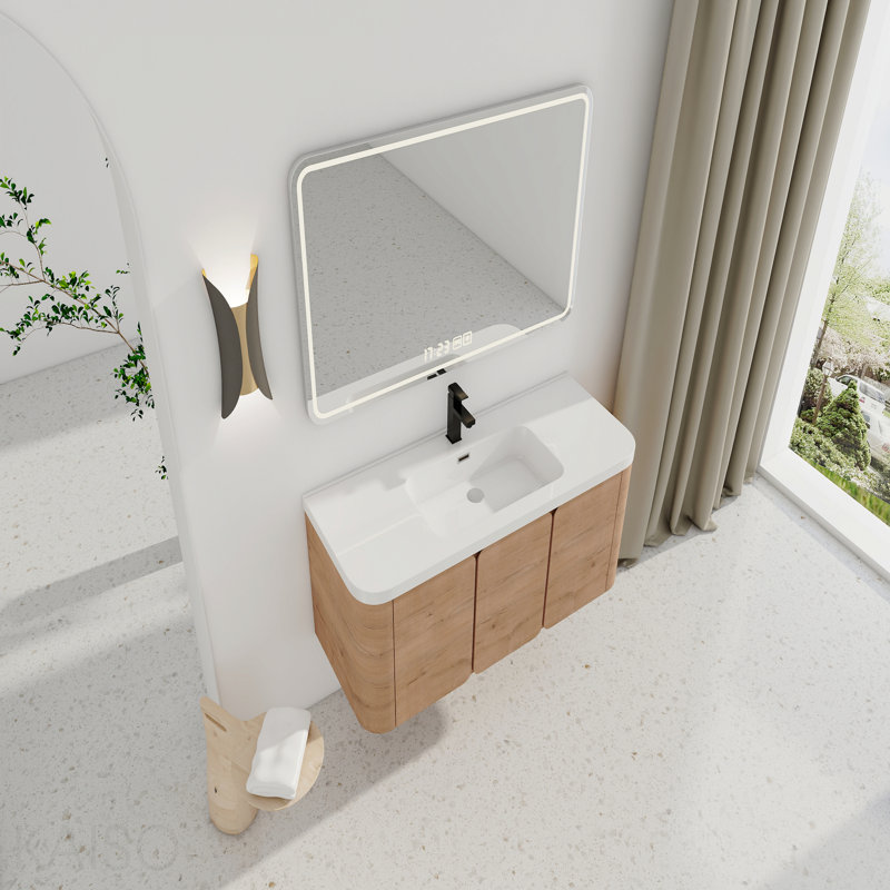 Meuble-lavabo mural 48 po avec lavabo en résine blanche et 3 portes à fermeture douce, emballage Kd, contreplaqué, chêne imitation