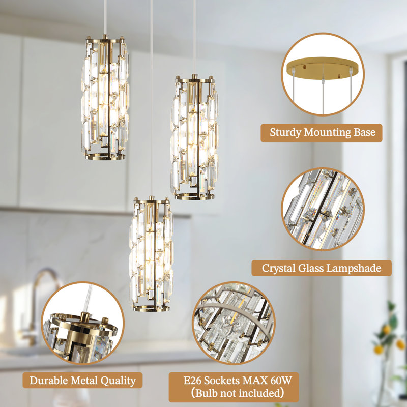 Grasmere 3 - Light Cluster Cylinder Dimmable Pendant with Crystal Accents, Brass