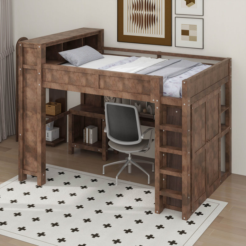 Grand lit mezzanine avec garde-robe et bureau, Marron