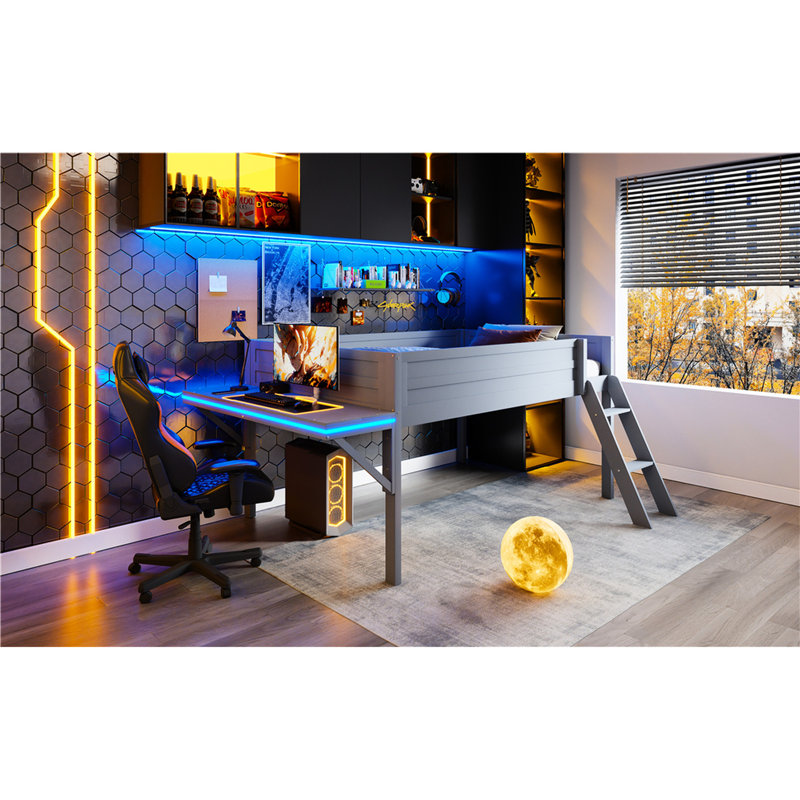 Lit de jeu double avec bureau et DEL - ajoute de l'élégance au loft gris de la chambre à coucher pour maximiser la fonction de rangement