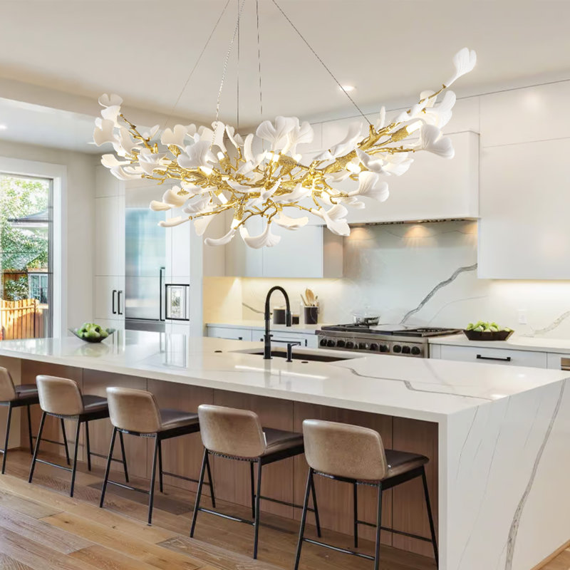  16-Light 55" Dimmable Gold Ginkgo Leaf Kitchen Island Chandelier Ceramic Tree Branch Pendant Light