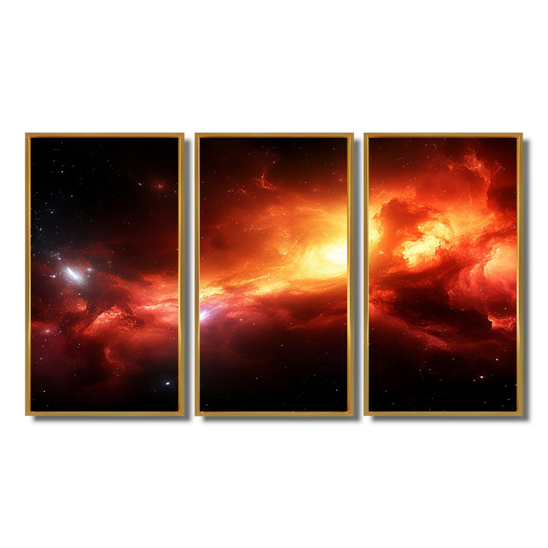 Nébuleuse galactique rouge et jaune - ensemble de décoration murale espace, Encadrement argenté, H 40 po x l 60 po x P 1 po