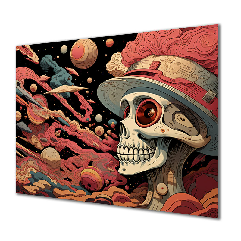 Illustration squelettique élégante du crâne à la mode I - art mural en métal mode crâne, H 24 po x l 32 po x P 1 po