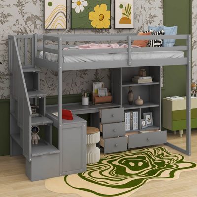 Jaysson Twin Size Loft Bed with L-Shaped Desk and Drawers, Cabinet and Storage Staircase -  Harriet Bee, 11B17DD570464F4EBC592D32D0FEC91C