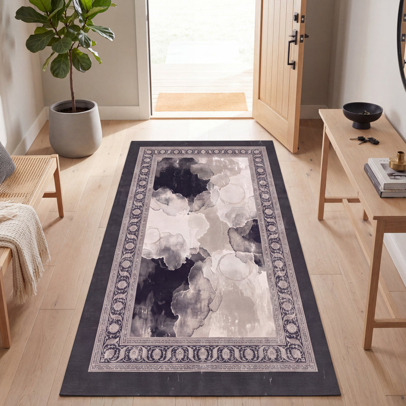 Tapis Barlow moderne à poils courts, style aquarelle abstraite, gris et noir, lavable en machine, antidérapant, pour intérieur et extérieur, adapté aux animaux domestiques, idéal pour le salon, la chambre, la salle à manger, l'entrée, le corridor ou le bureau.