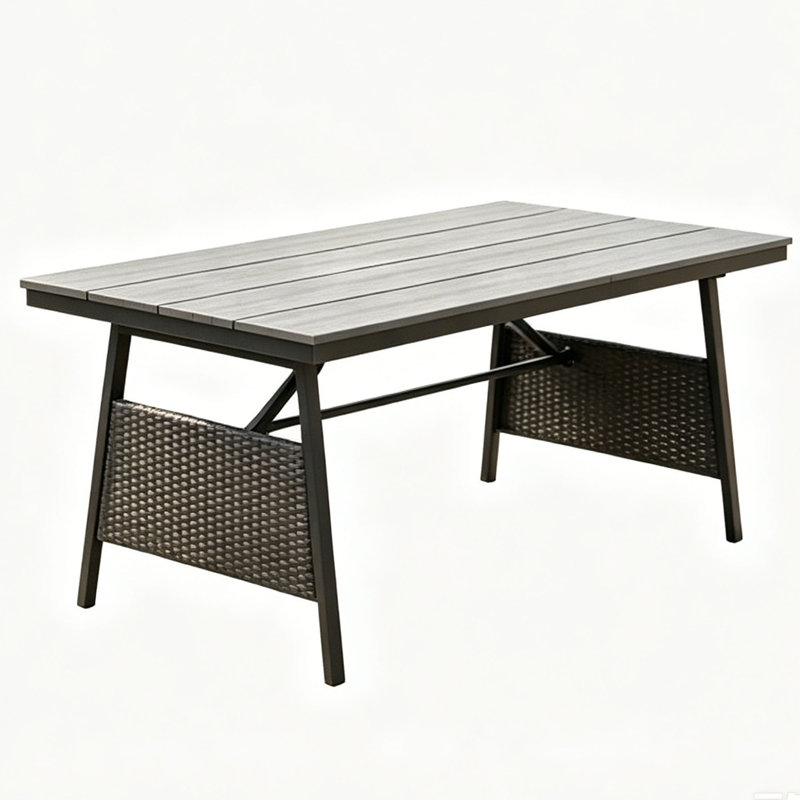63"W Patio Dining Table for 4-6 People, Weatherproof Wood Top with Aluminum Alloy Wicker Design Legs, Charcoal Top/Black Base