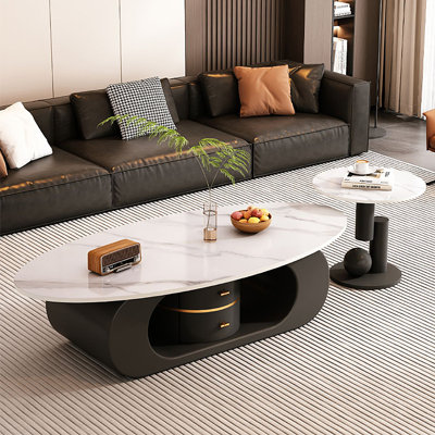 Italian Oval Rock Slab Coffee Table Set