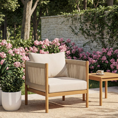 Kaboza Modern Coastal Outdoor Club Chair with Acacia Wood Frame and Woven Rope Panels