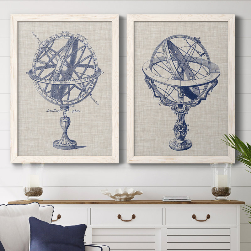 Armillary Sphere on Linen I - Reproduction d'art graphique encadré, H 43,5 po x l 31,5 po x P 1 po, Toile blanche encadrée